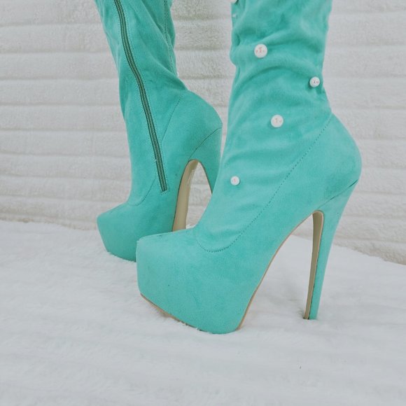 Mint Green Faux Stretch Suede Platform High Heel Thigh High Boots - Picture 16 of 16